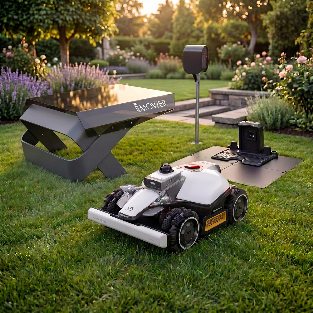 Robot tagliaerba Mammotion al lavoro in un giardino residenziale, con prato curato e configurazione adatta alla scelta del modello giusto