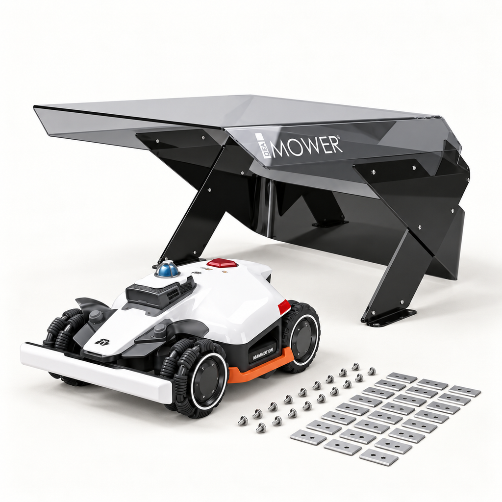 Mammotion LUBA 3 AWD 10000 + Garage Möbius e Lame – Bundle Protezione — robot, garage e lame su fondo chiaro