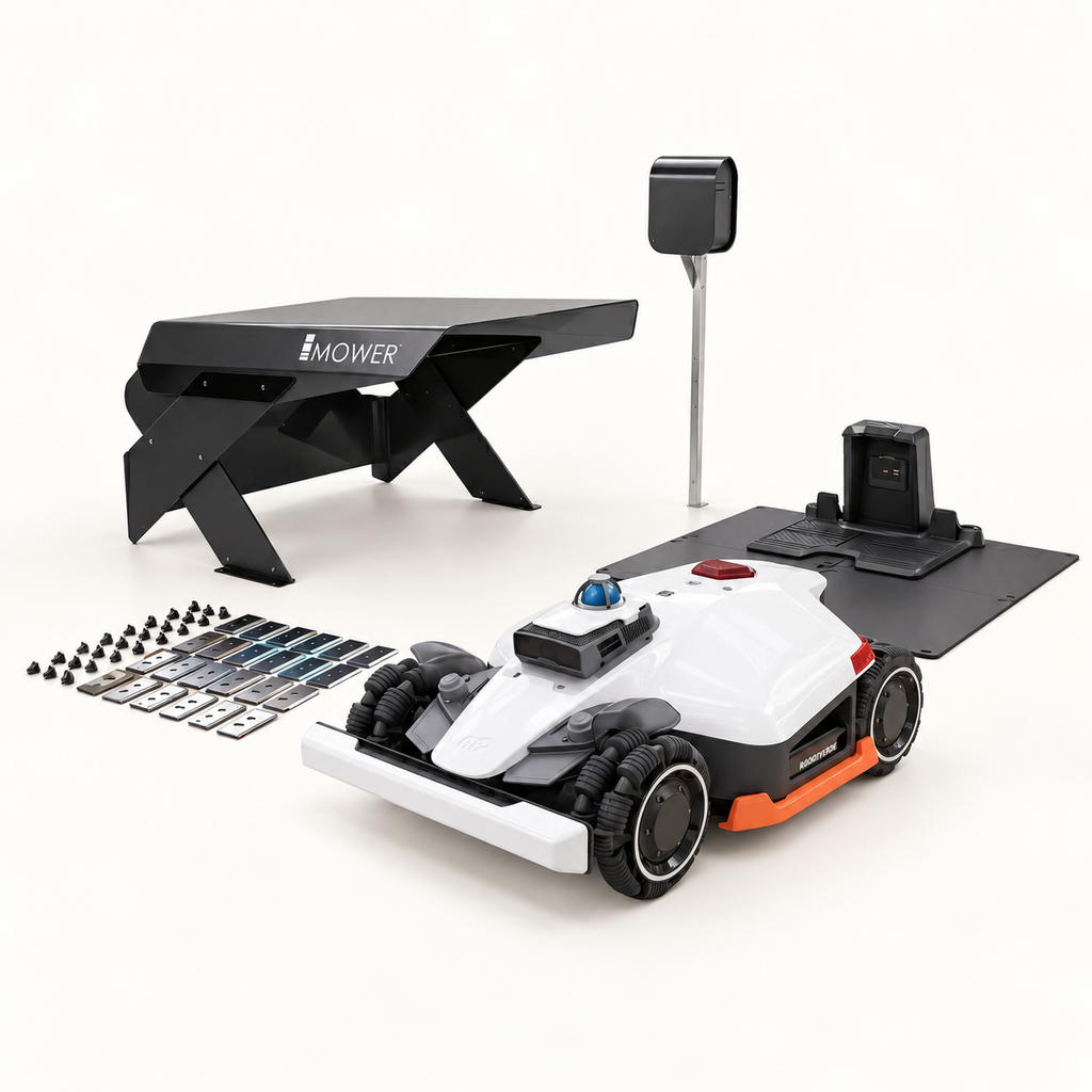 Mammotion LUBA 3 AWD 10000 + Garage, Power Box e Piattaforma – Bundle Completo — componenti del bundle su fondo chiaro