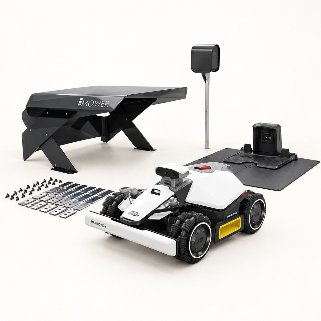 Mammotion LUBA mini 2 AWD 1000 + Garage, Power Box e Piattaforma – Bundle Completo — componenti del bundle su fondo chiaro