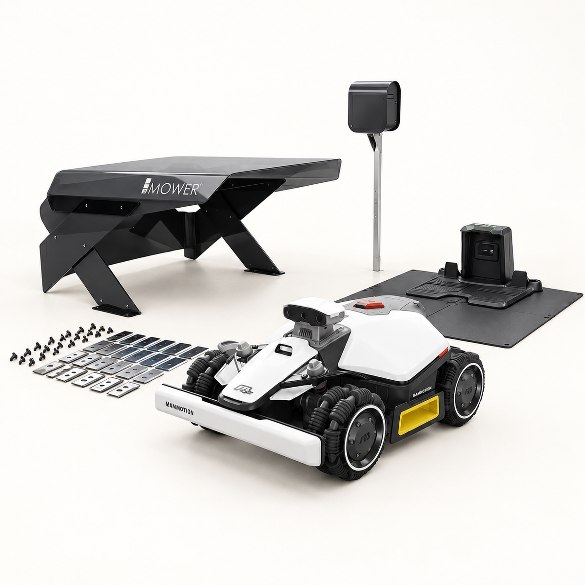 Mammotion LUBA mini 2 AWD 1000 + Garage, Power Box e Piattaforma – Bundle Completo — componenti del bundle su fondo chiaro