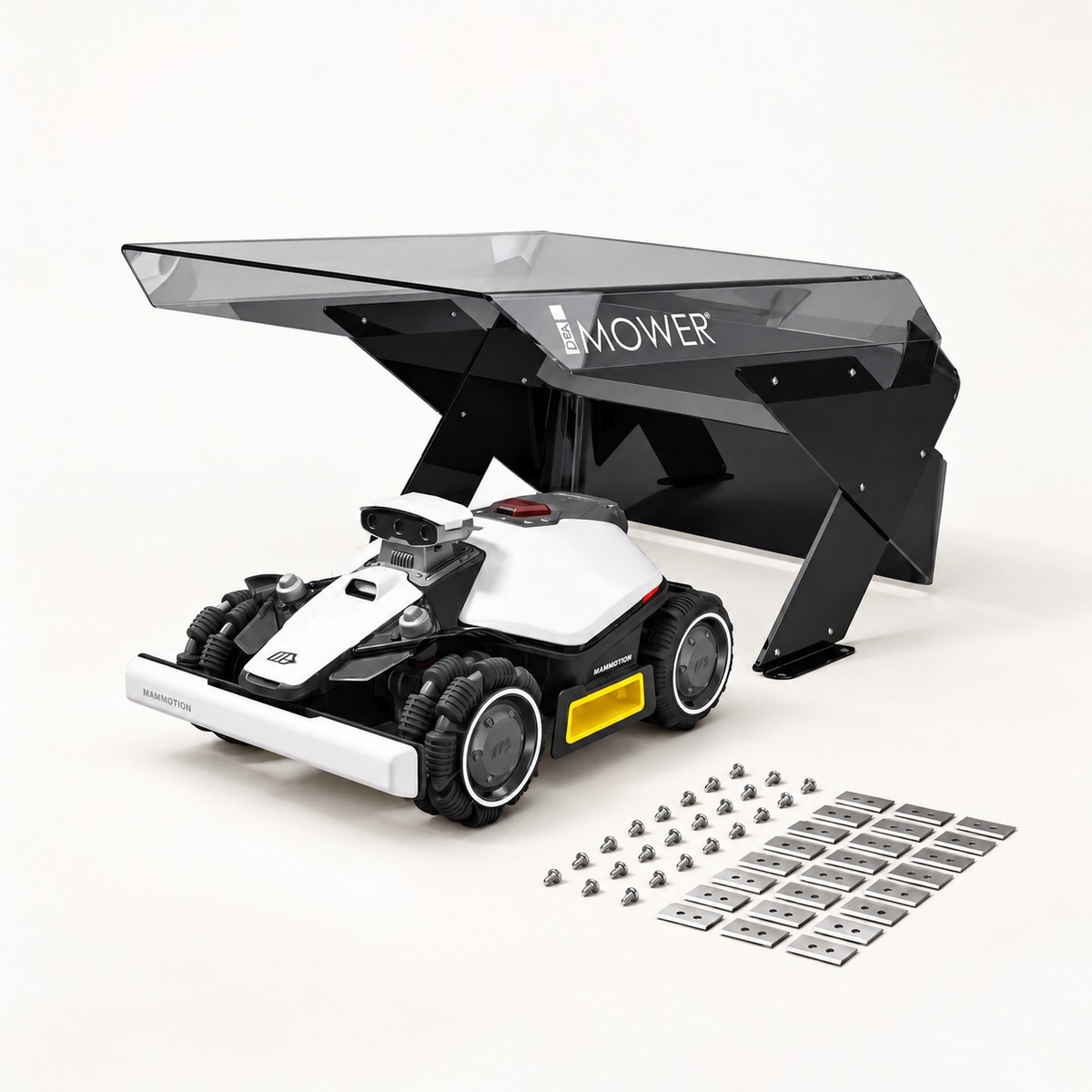 Mammotion LUBA mini 2 AWD 1000 + Garage Möbius e Lame – Bundle Protezione — componenti del bundle su fondo chiaro