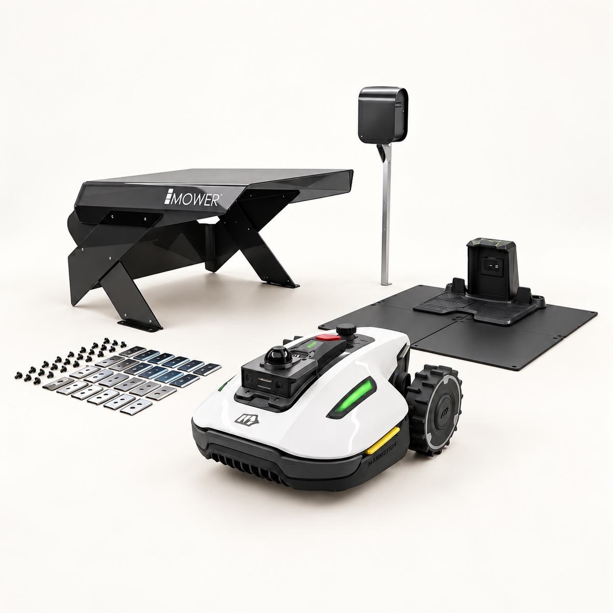 Mammotion YUKA mini 2 1000 + Garage, Power Box e Piattaforma – Bundle Completo — componenti del bundle su fondo chiaro