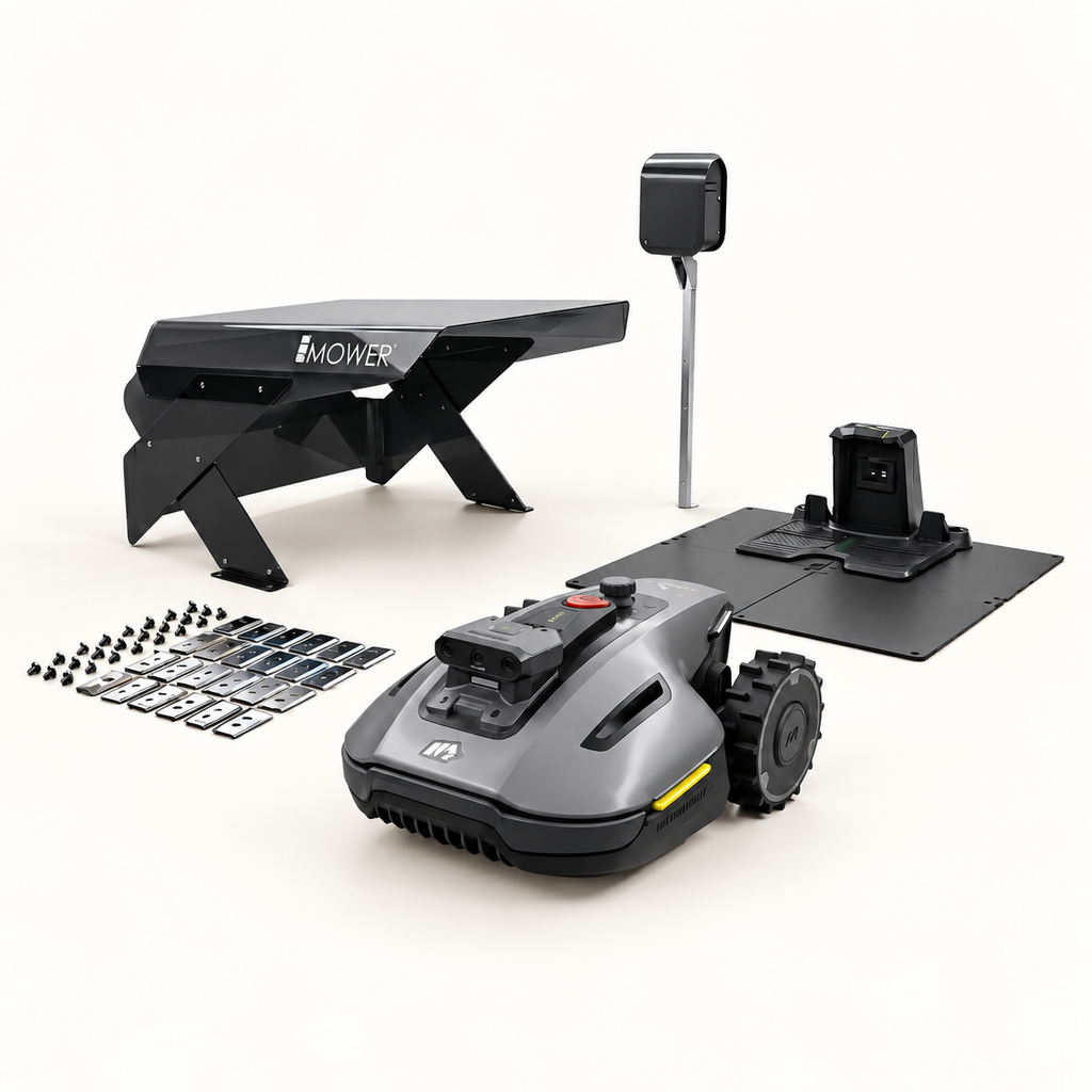 Mammotion YUKA mini 2 800 + Garage, Power Box e Piattaforma – Bundle Completo — componenti del bundle su fondo chiaro