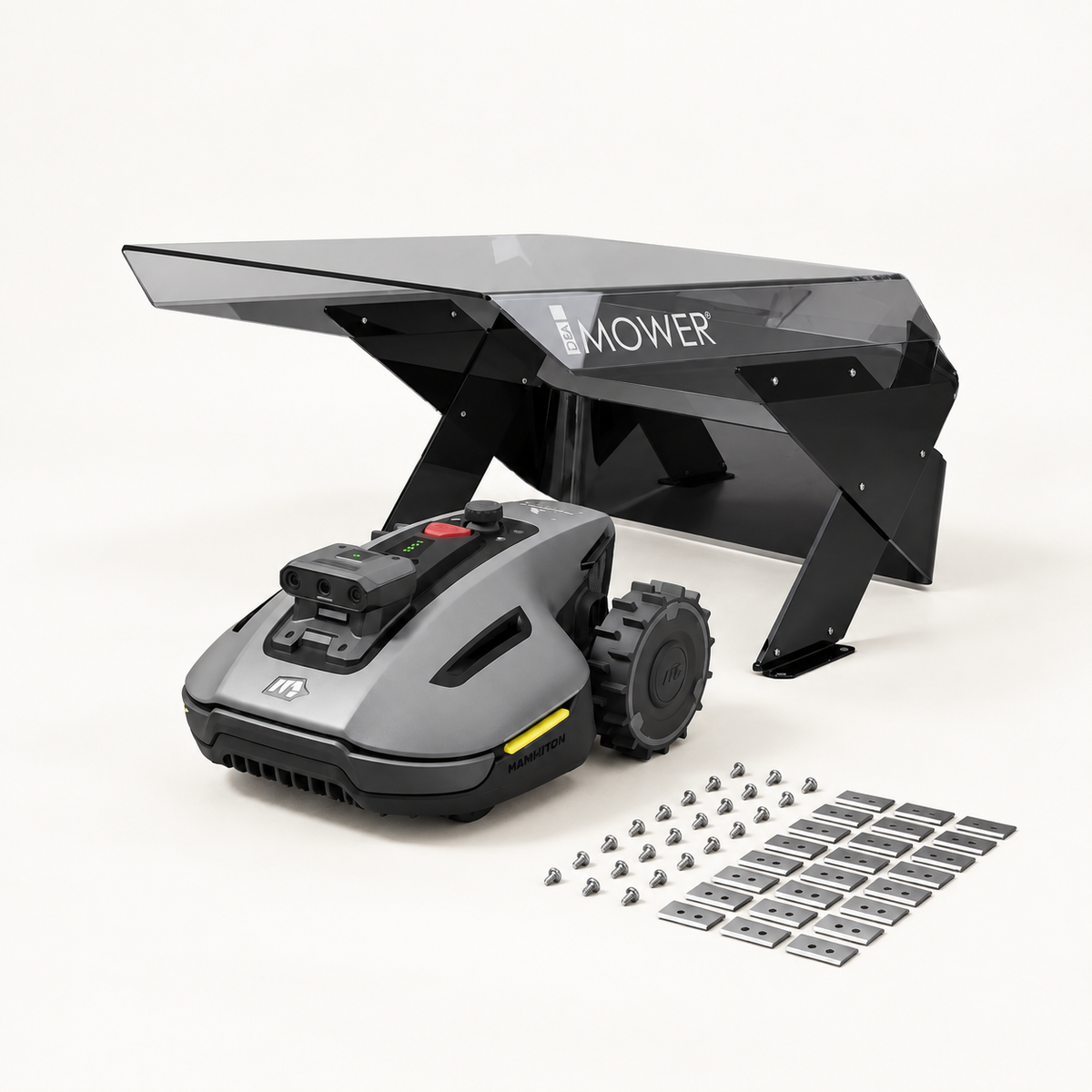 Mammotion YUKA mini 2 800 + Garage Möbius e Lame – Bundle Protezione — componenti del bundle su fondo chiaro
